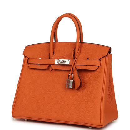 Hermes Birkin 25 handbag in orange leather with top handles, front flap, and padlock