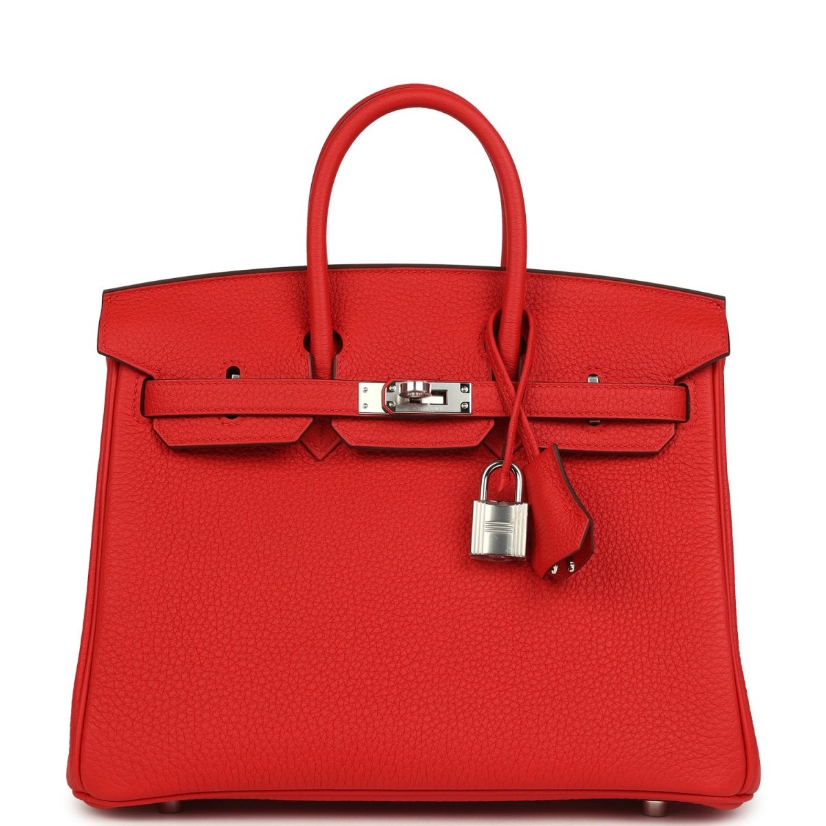 Red textured leather Hermes Birkin 25 handbag with front flap lock and handles