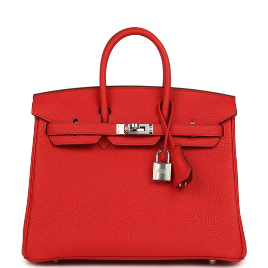 Red textured leather Hermes Birkin 25 handbag with front flap lock and handles
