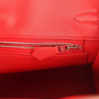 Red Hermes Birkin 25 handbag interior zip pocket with metal zipper pull