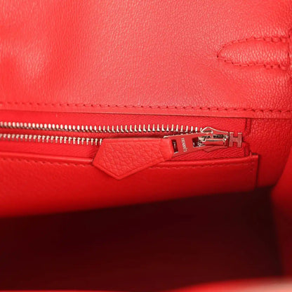 Red Hermes Birkin 25 handbag interior zip pocket with metal zipper pull