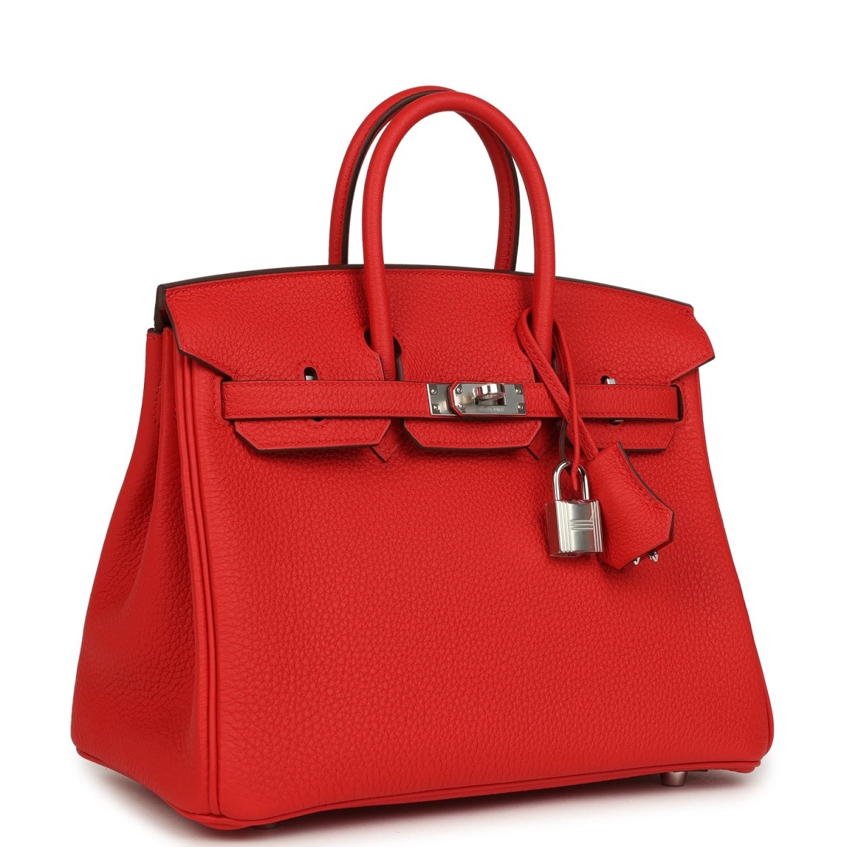 Red Hermes Birkin 25 handbag with top handles, front flap, and hanging lock