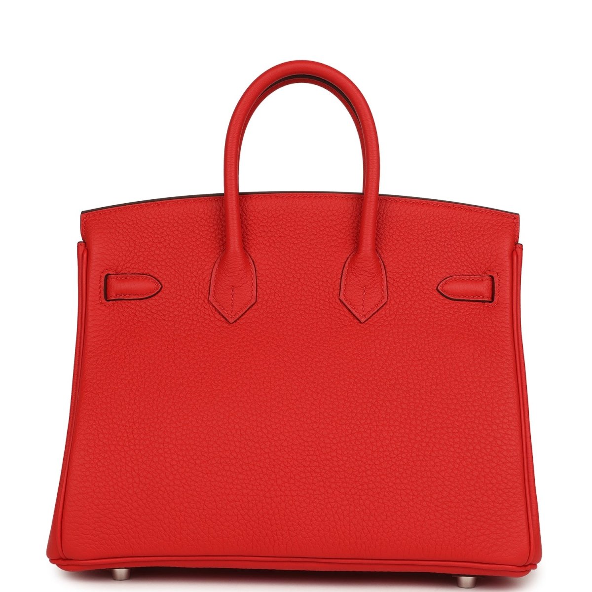 Red Hermes Birkin 25 handbag back view with two straps and metal feet