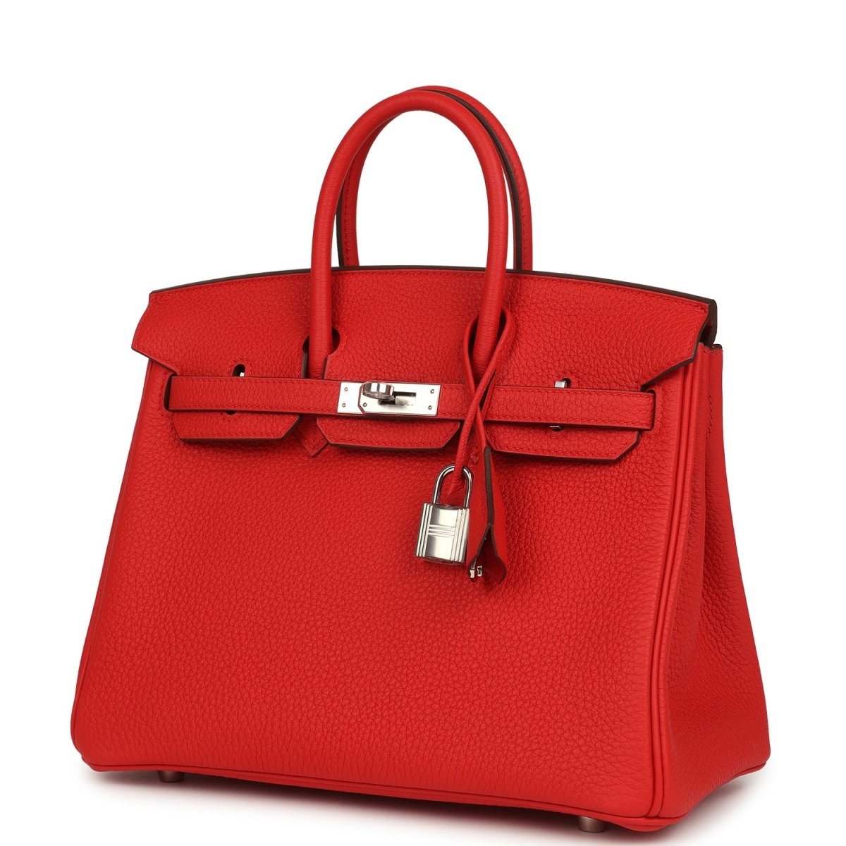 Red Hermes Birkin 25 handbag with front flap, center clasp, and hanging lock charm