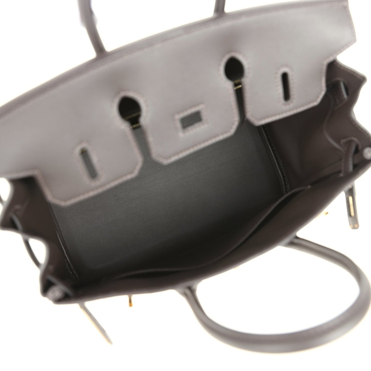 Handbag interior with dark lining, stitched leather tabs, and logo patch on back wall