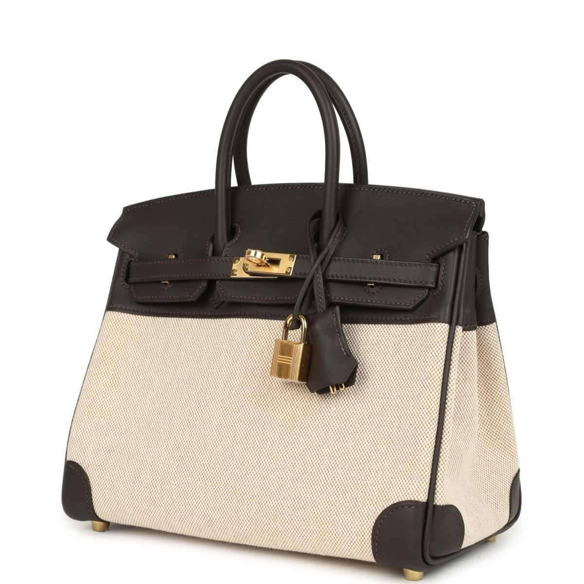 Two-tone handbag with top handles, front flap and gold-tone lock, beige canvas and dark leather