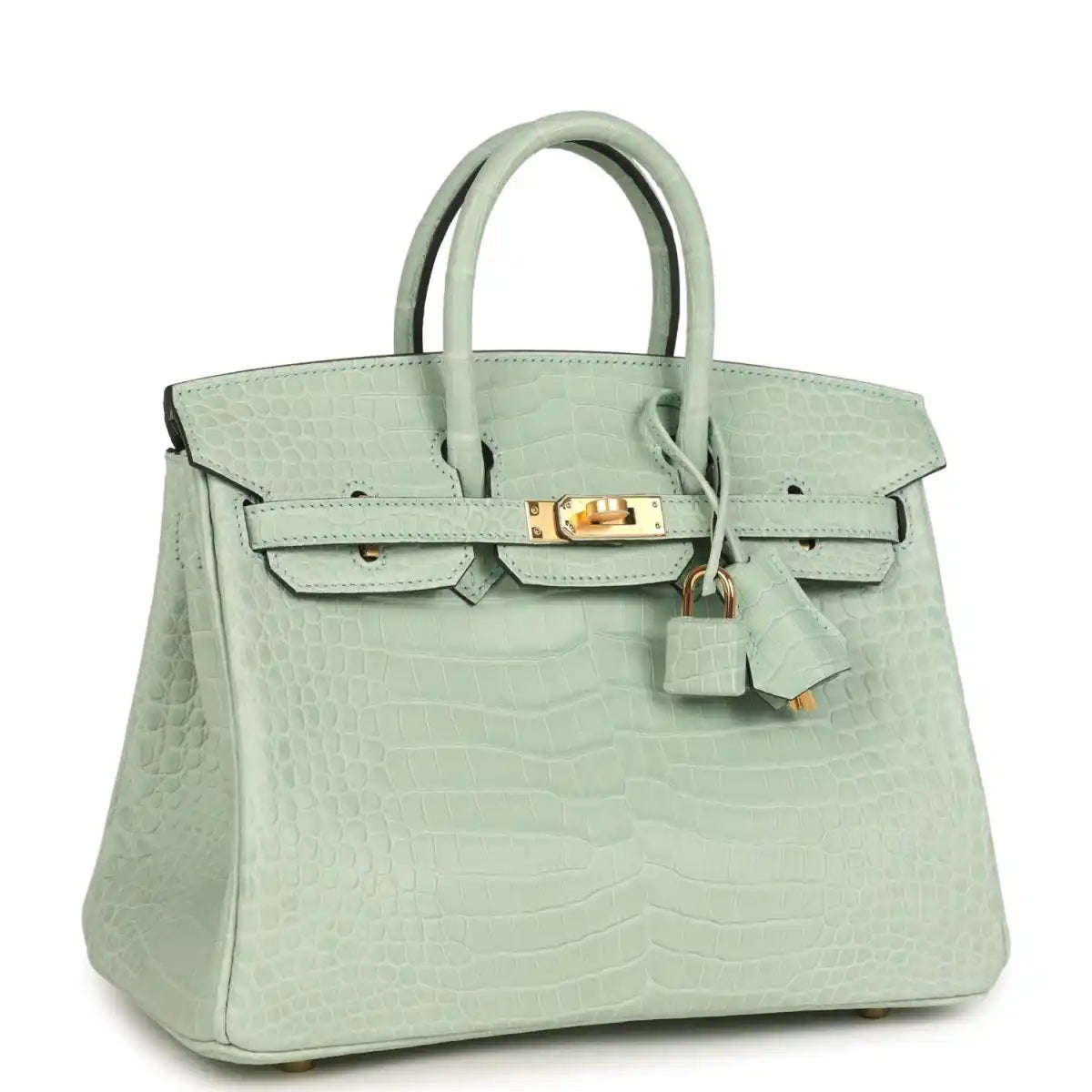 Light green croc-embossed handbag with front flap, gold turn-lock, and hanging key charm