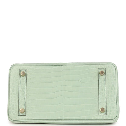 Light green croc-embossed handbag base with four metal feet and side reinforcement strips