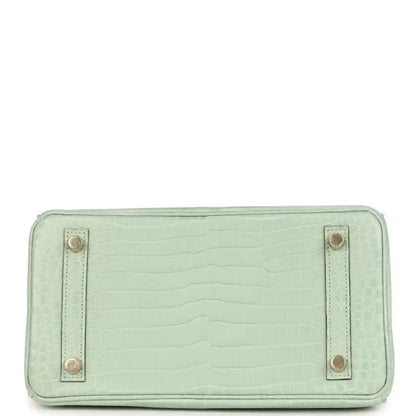 Light green croc-embossed handbag base with four metal feet and side reinforcement strips