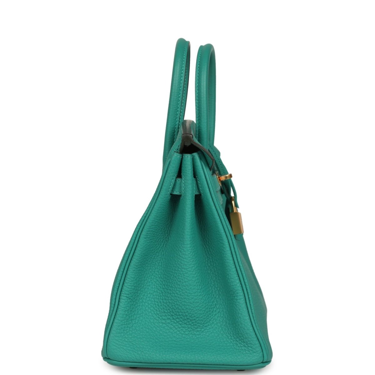 Green leather handbag side profile with top handles and gold zipper pull detail