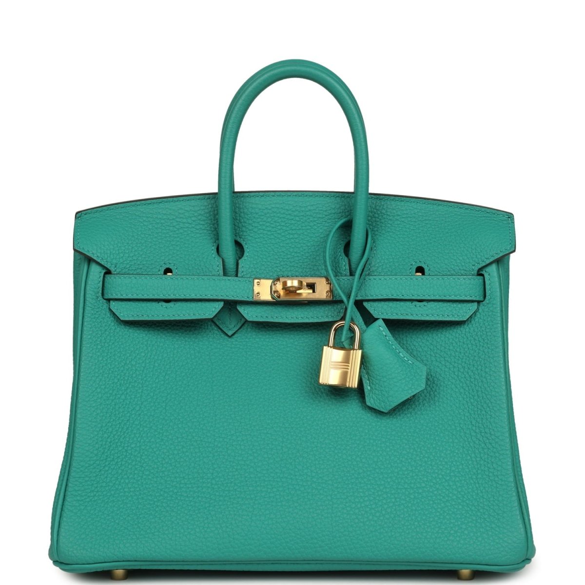 Green leather top-handle handbag with front strap, gold lock and hardware