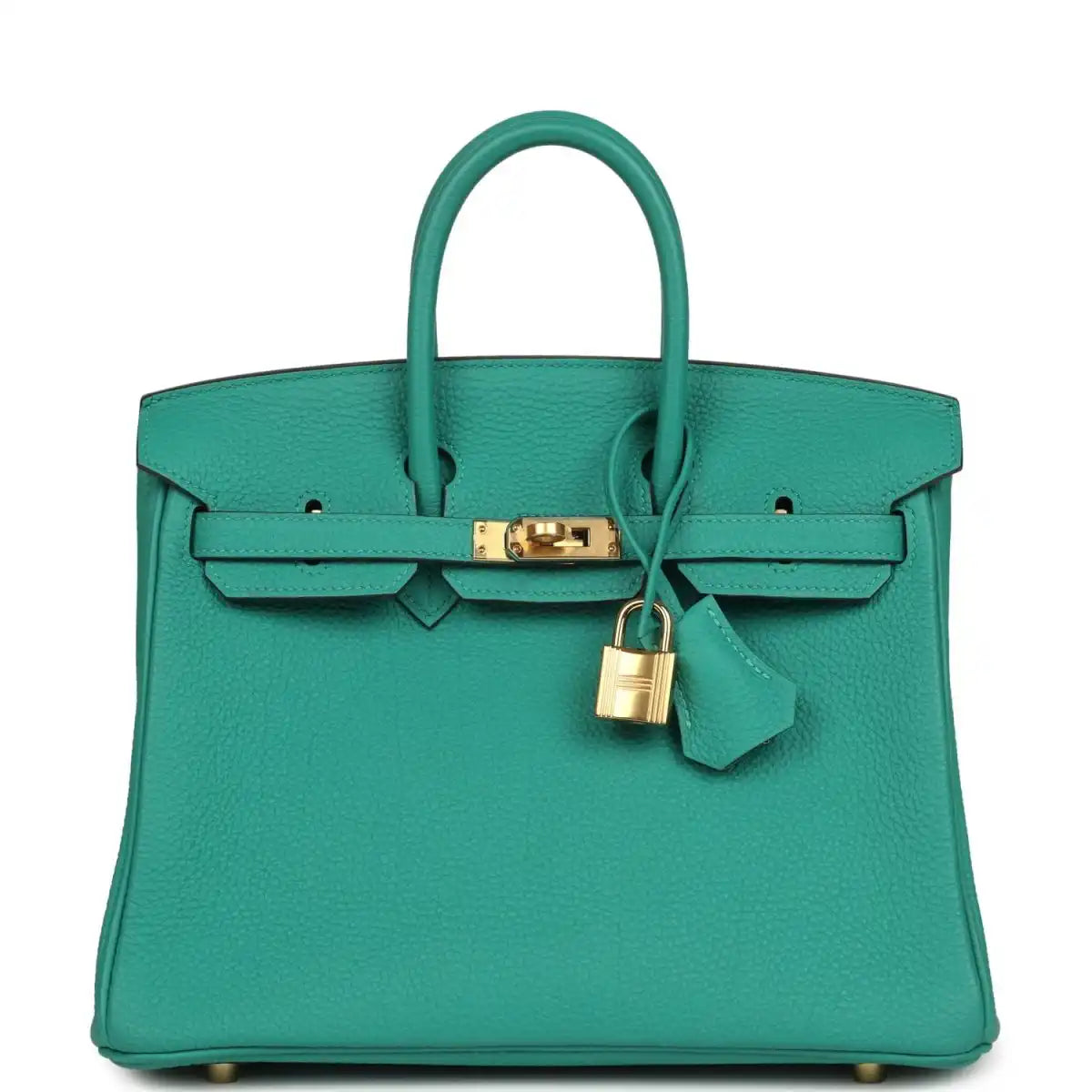 Green leather top-handle handbag with front strap, gold lock and hardware