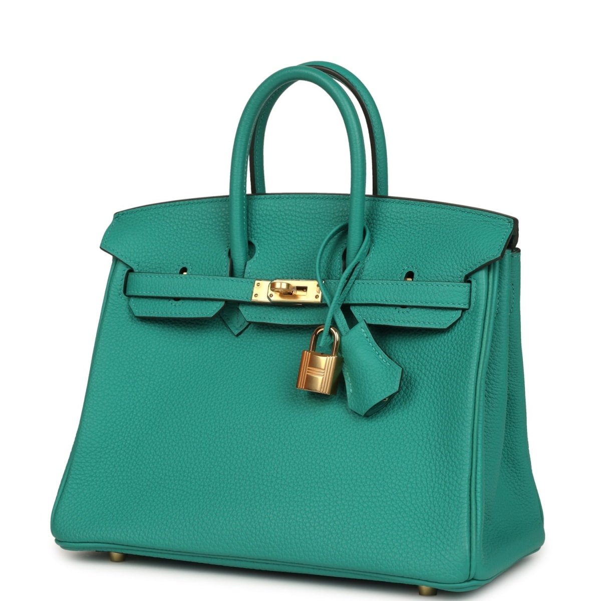 Green leather handbag with top handles, front strap clasp and gold lock charm