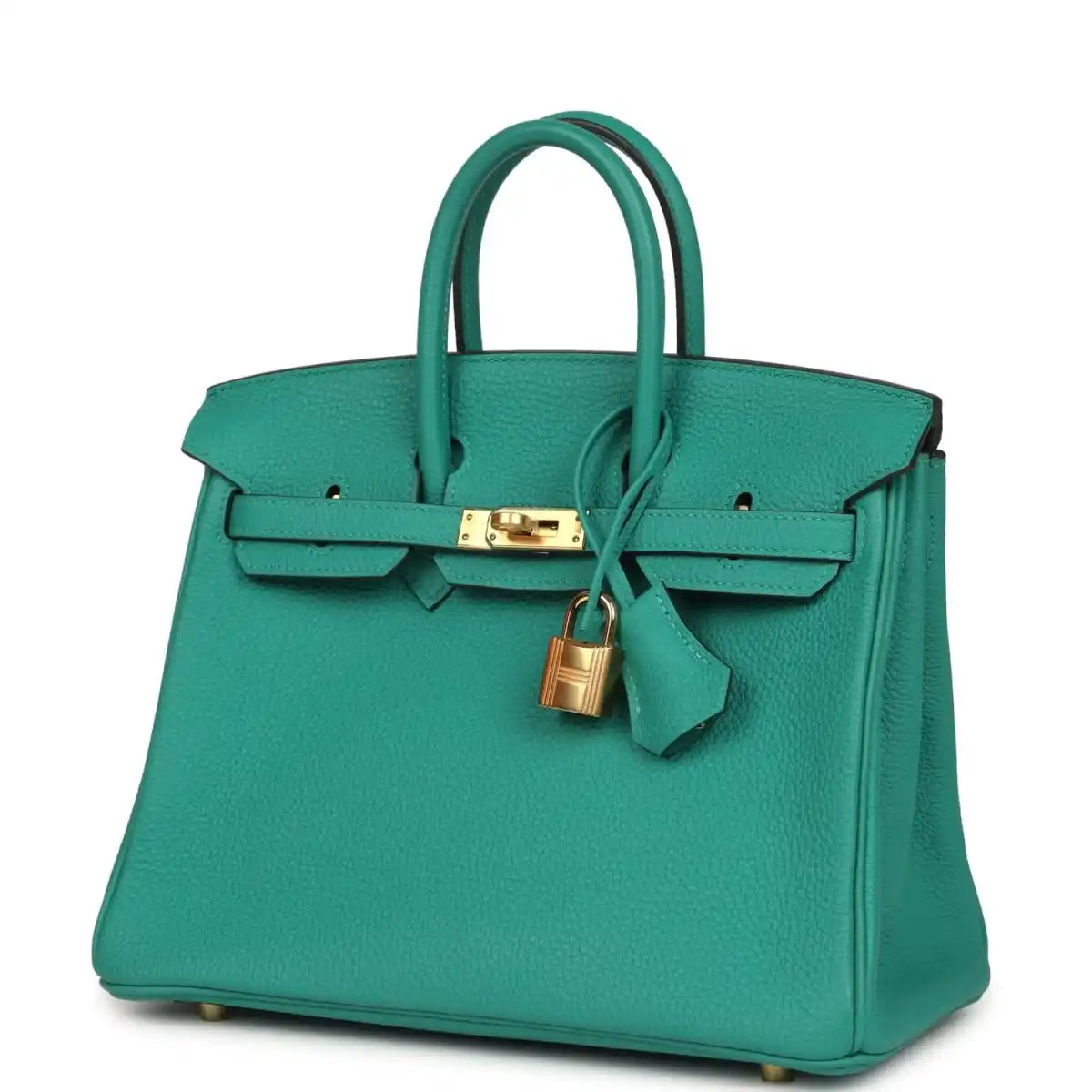 Green leather handbag with top handles, front strap clasp and gold lock charm