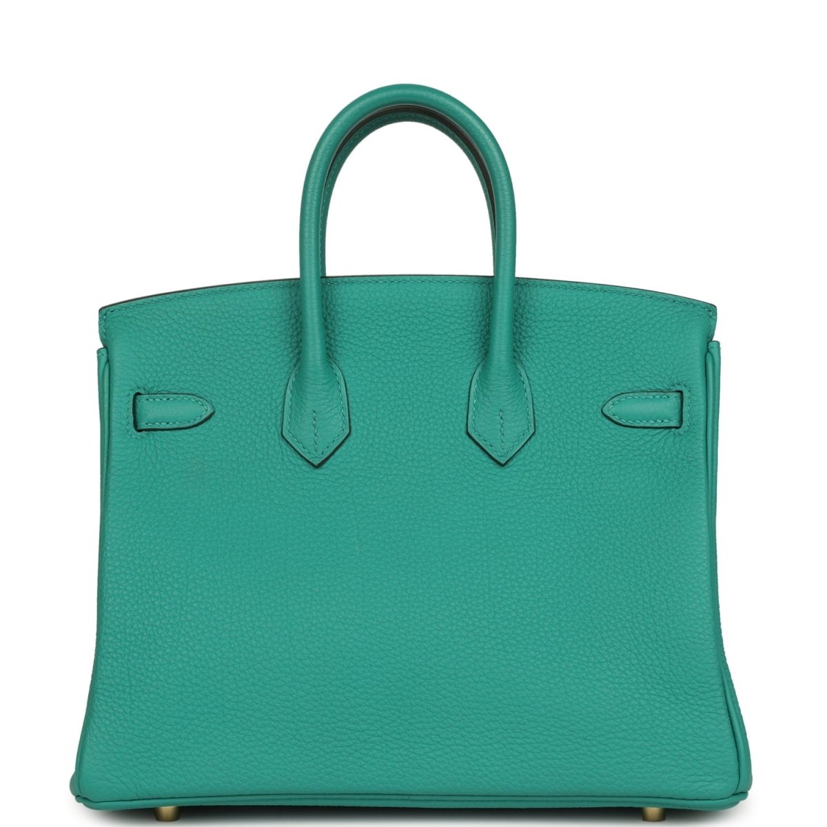 Green leather handbag with front strap panel details and gold-toned hardware accents