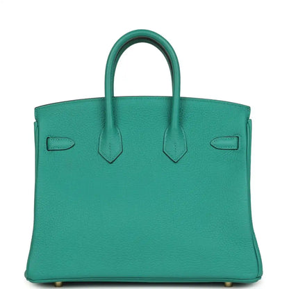 Green leather handbag with front strap panel details and gold-toned hardware accents