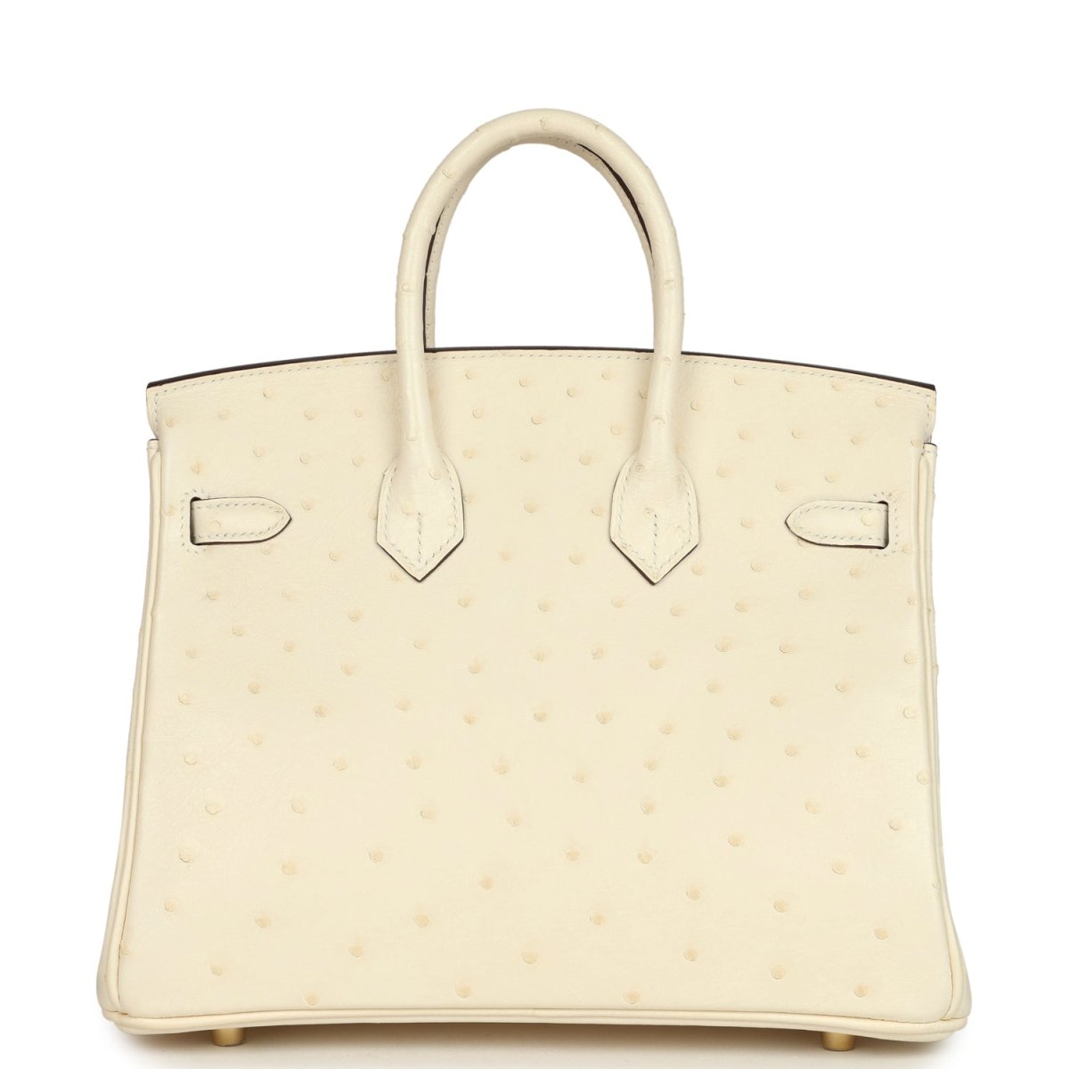 Nata ostrich handbag front panel with two pockets and top handles, gold-tone hardware.