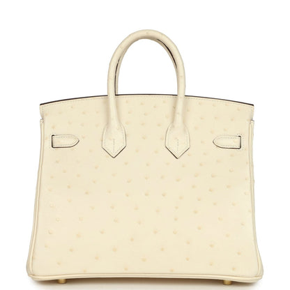 Nata ostrich handbag front panel with two pockets and top handles, gold-tone hardware.