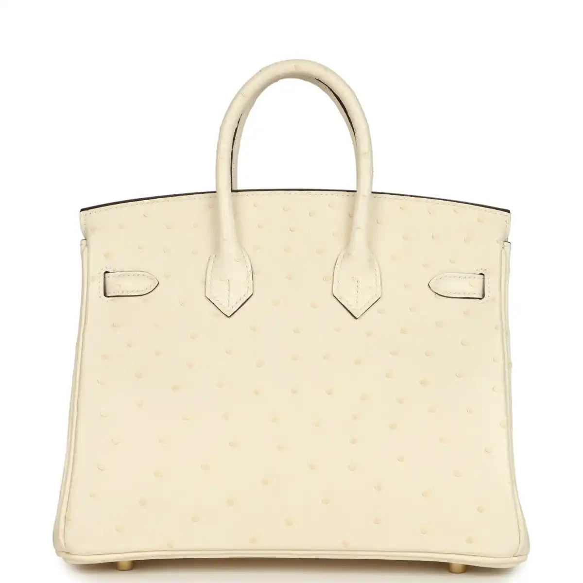 Nata ostrich handbag front panel with two pockets and top handles, gold-tone hardware.