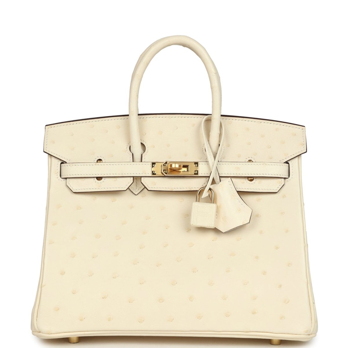 Nata ostrich handbag with top handles, front flap, gold-tone lock, and hanging key clochette.