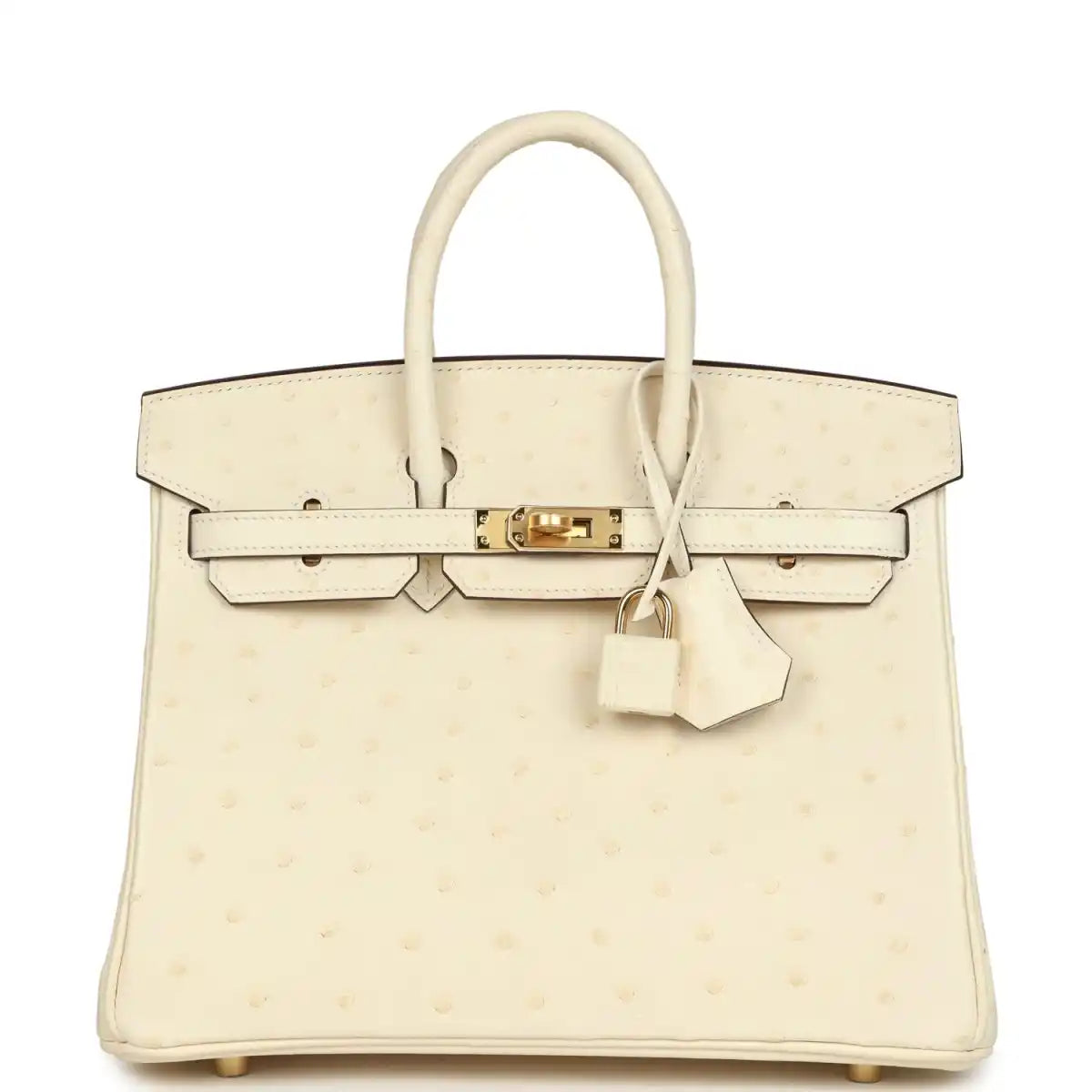 Nata ostrich handbag with top handles, front flap, gold-tone lock, and hanging key clochette.
