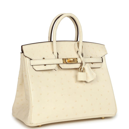 Nata ostrich handbag with top handles, front flap, gold-tone clasp, and protective feet.