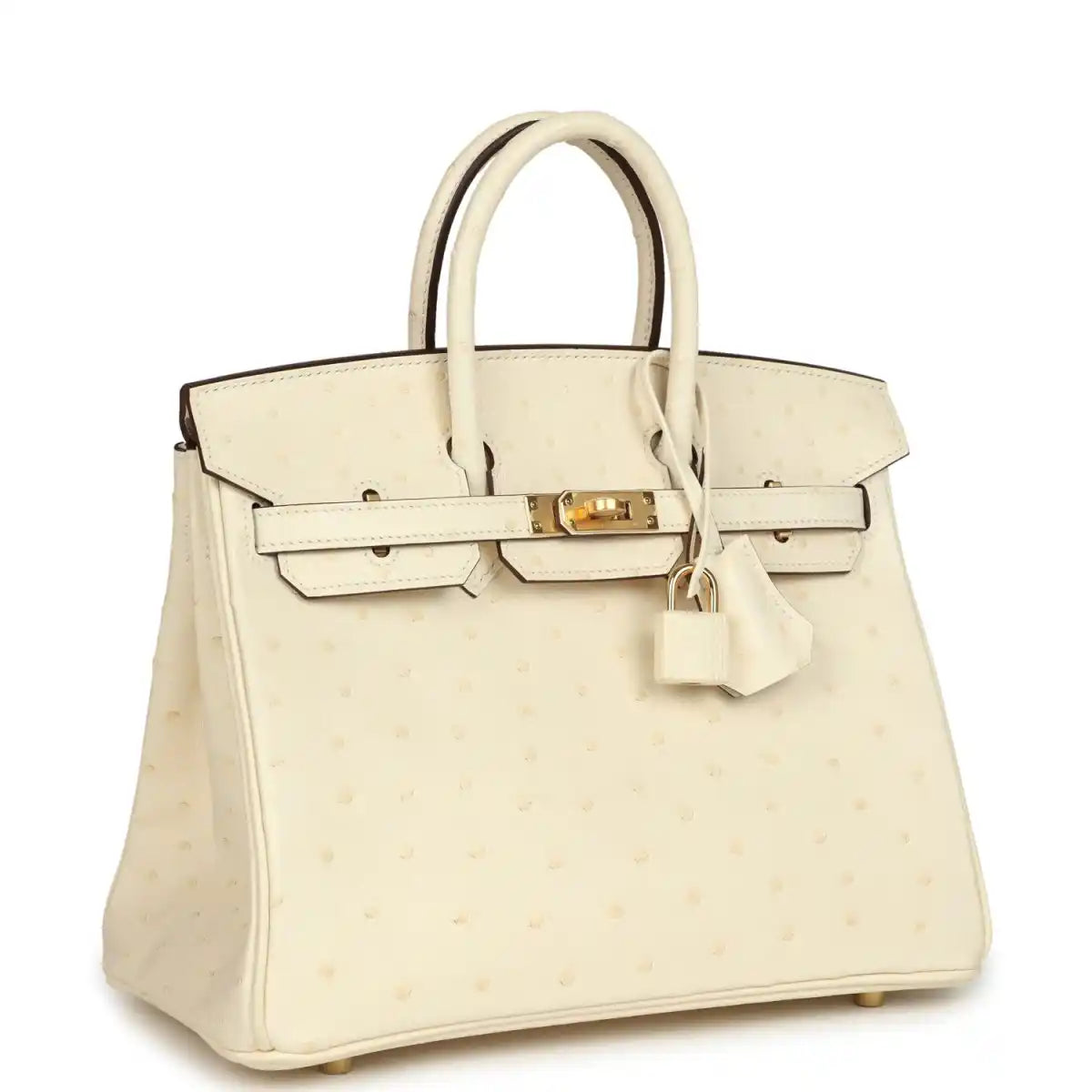 Nata ostrich handbag with top handles, front flap, gold-tone clasp, and protective feet.
