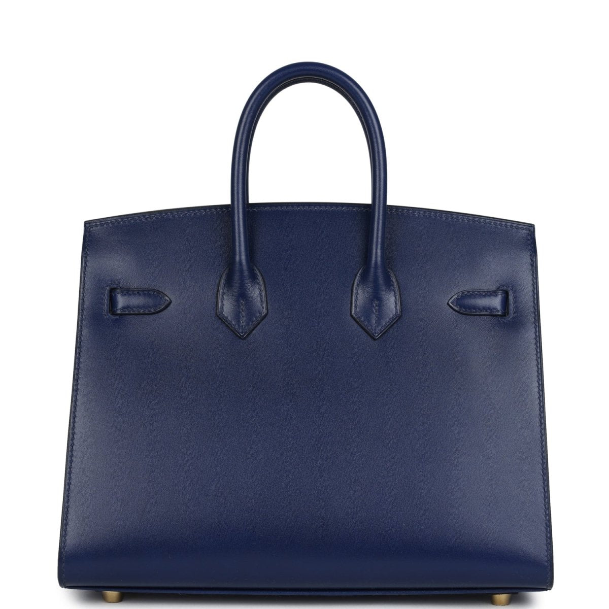 Structured blue Birkin 25 handbag front with three stitched strap details and top handles