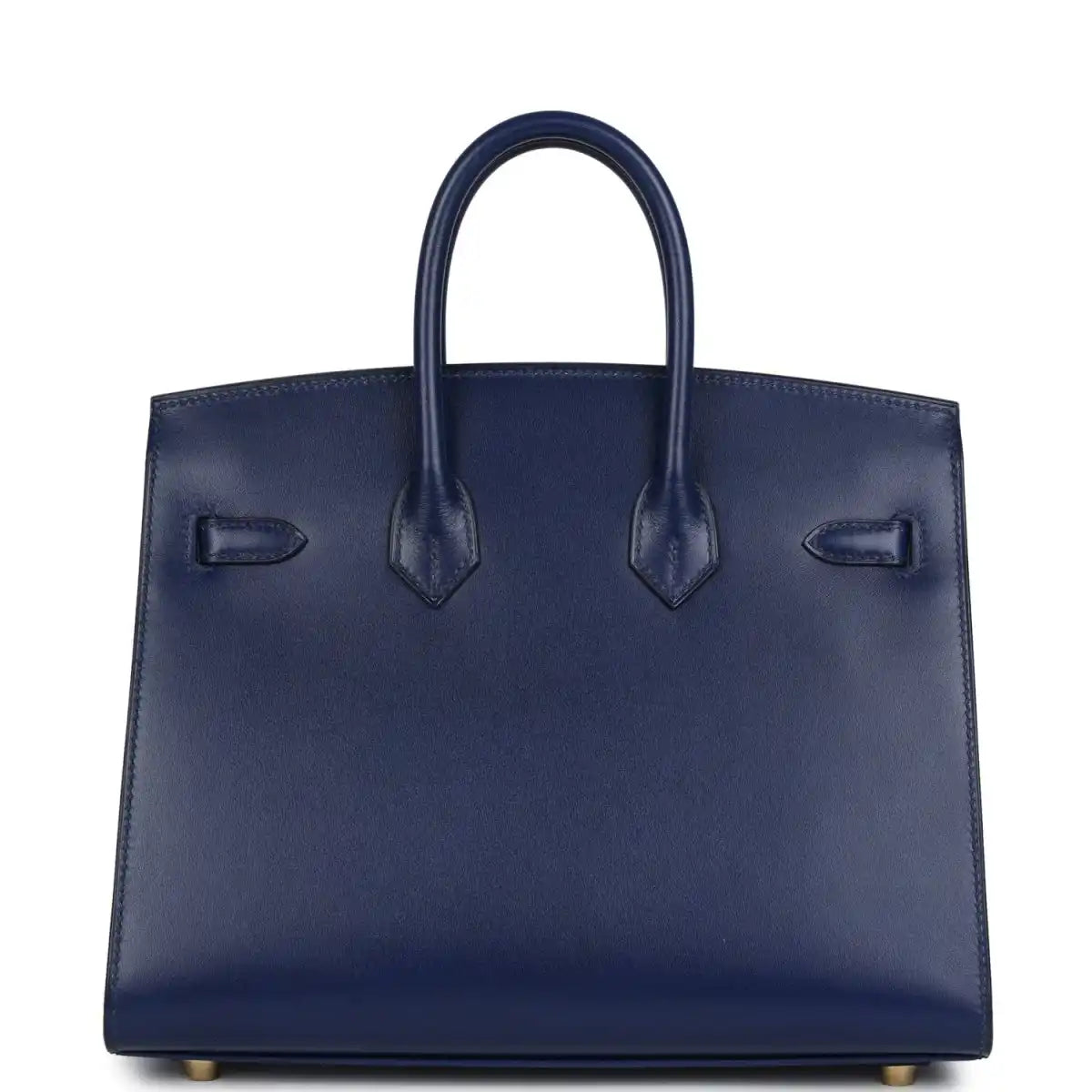 Structured blue Birkin 25 handbag front with three stitched strap details and top handles
