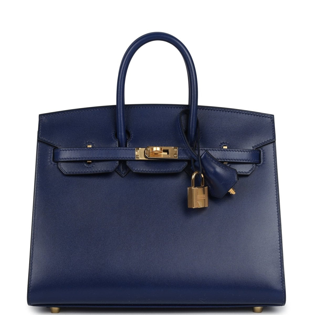Structured blue Birkin 25 handbag with top handles, front flap, and gold lock hardware