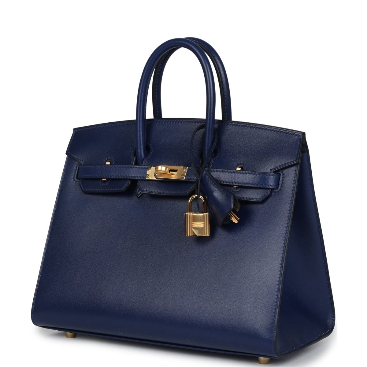 Blue Birkin 25 handbag with top handles, front flap, gold lock and tie-style tassel
