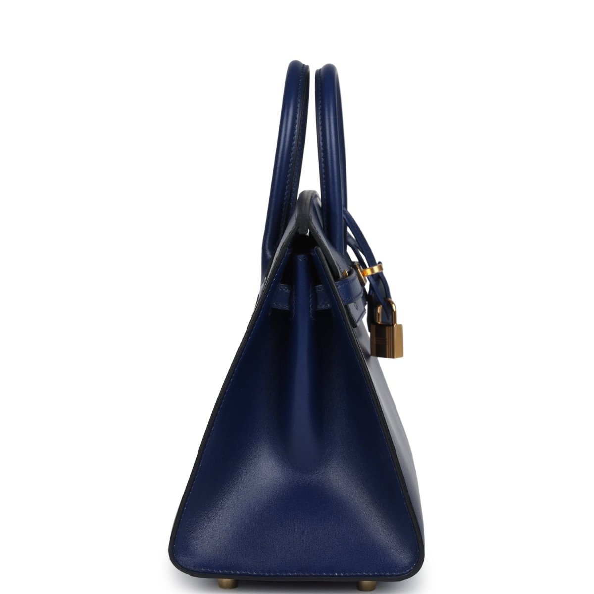 Blue Birkin 25 handbag with tall top handles and gold lock on front strap