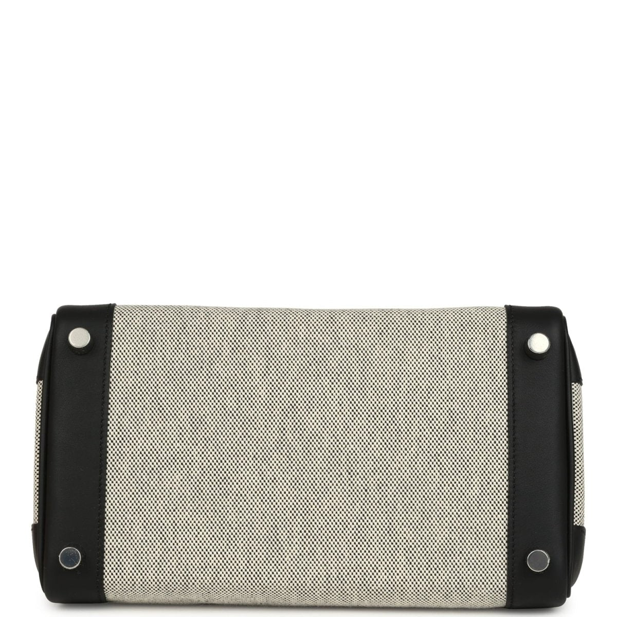 Cream canvas and black leather Hermes toiletry pouch with snap ends and eyelets.
