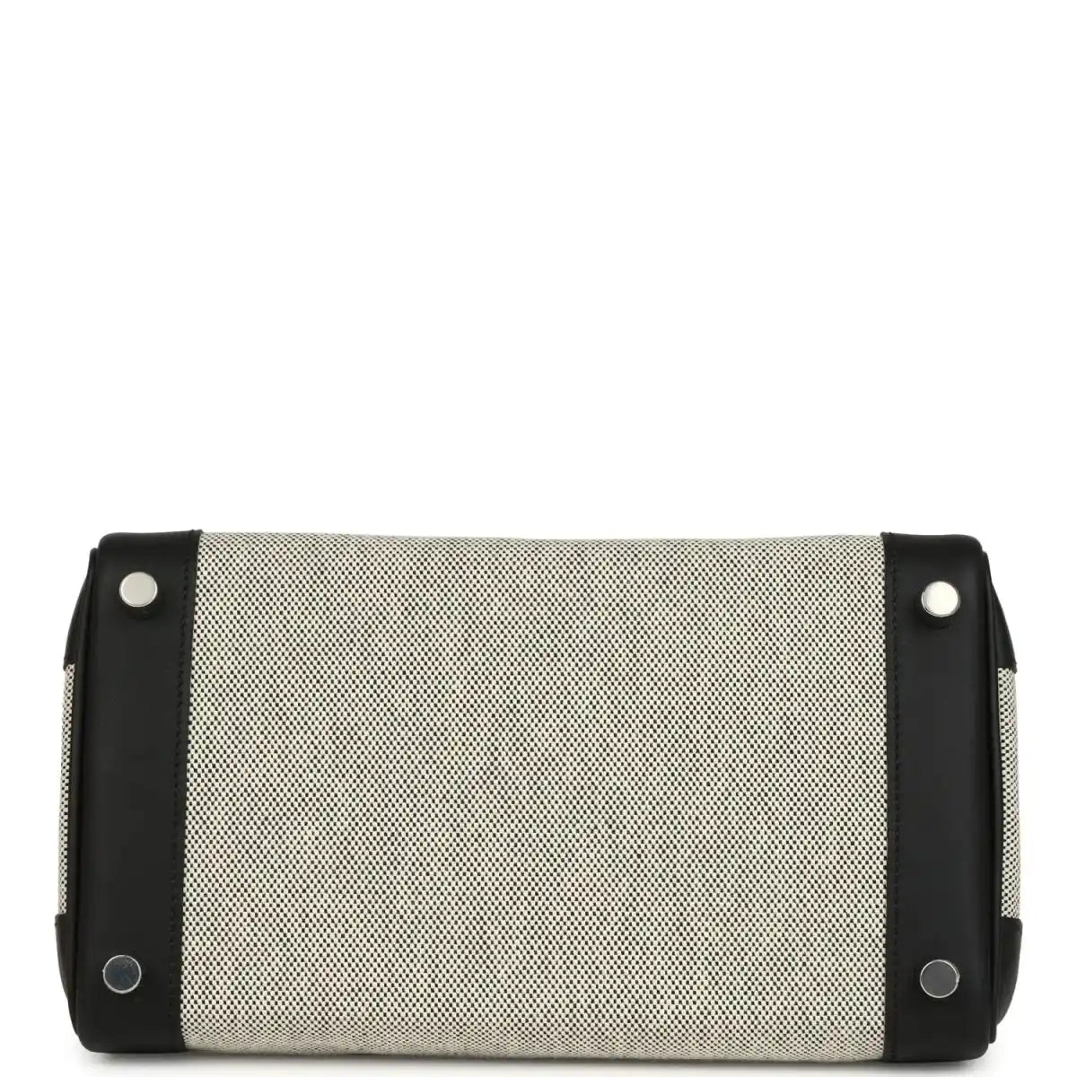 Cream canvas and black leather Hermes toiletry pouch with snap ends and eyelets.