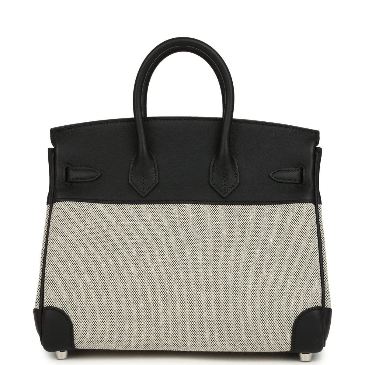 Black leather and cream canvas Hermes Birkin 25 handbag front with top handles.