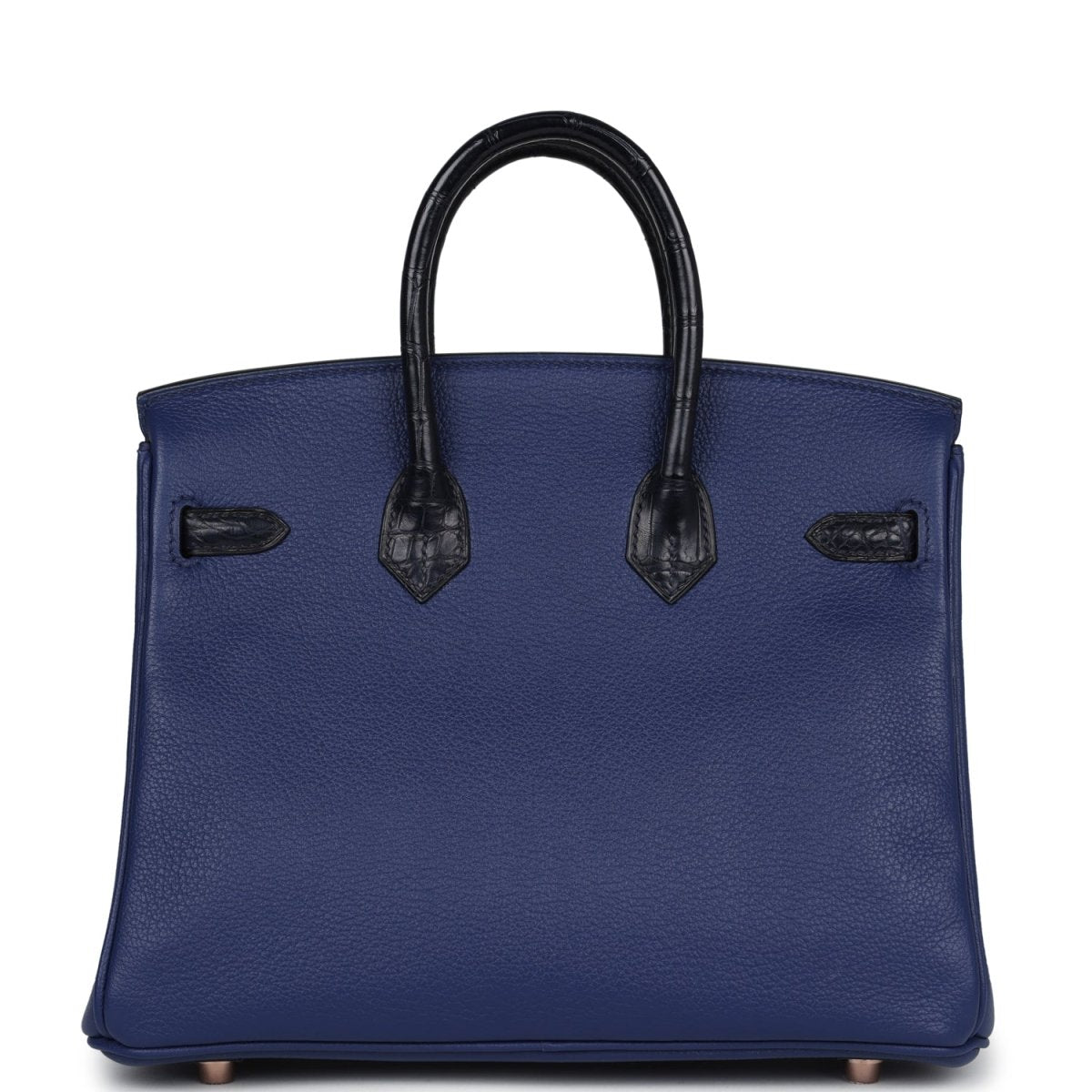 Hermes Birkin 25 handbag back view in blue with black alligator handle accents