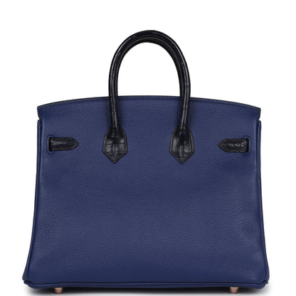 Hermes Birkin 25 handbag back view in blue with black alligator handle accents