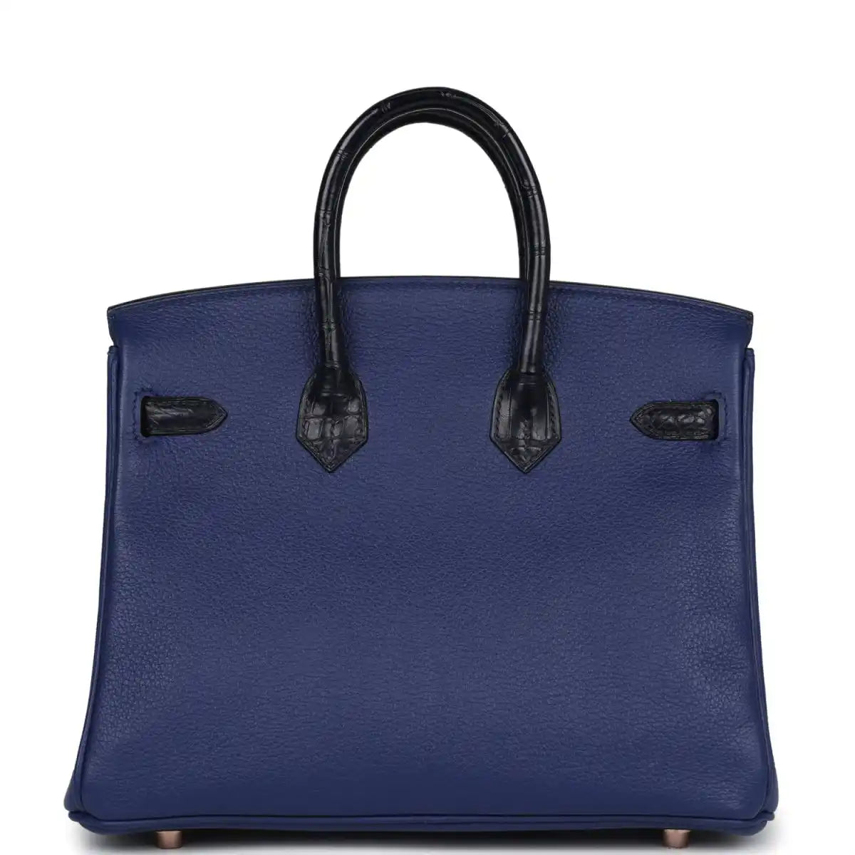 Hermes Birkin 25 handbag back view in blue with black alligator handle accents
