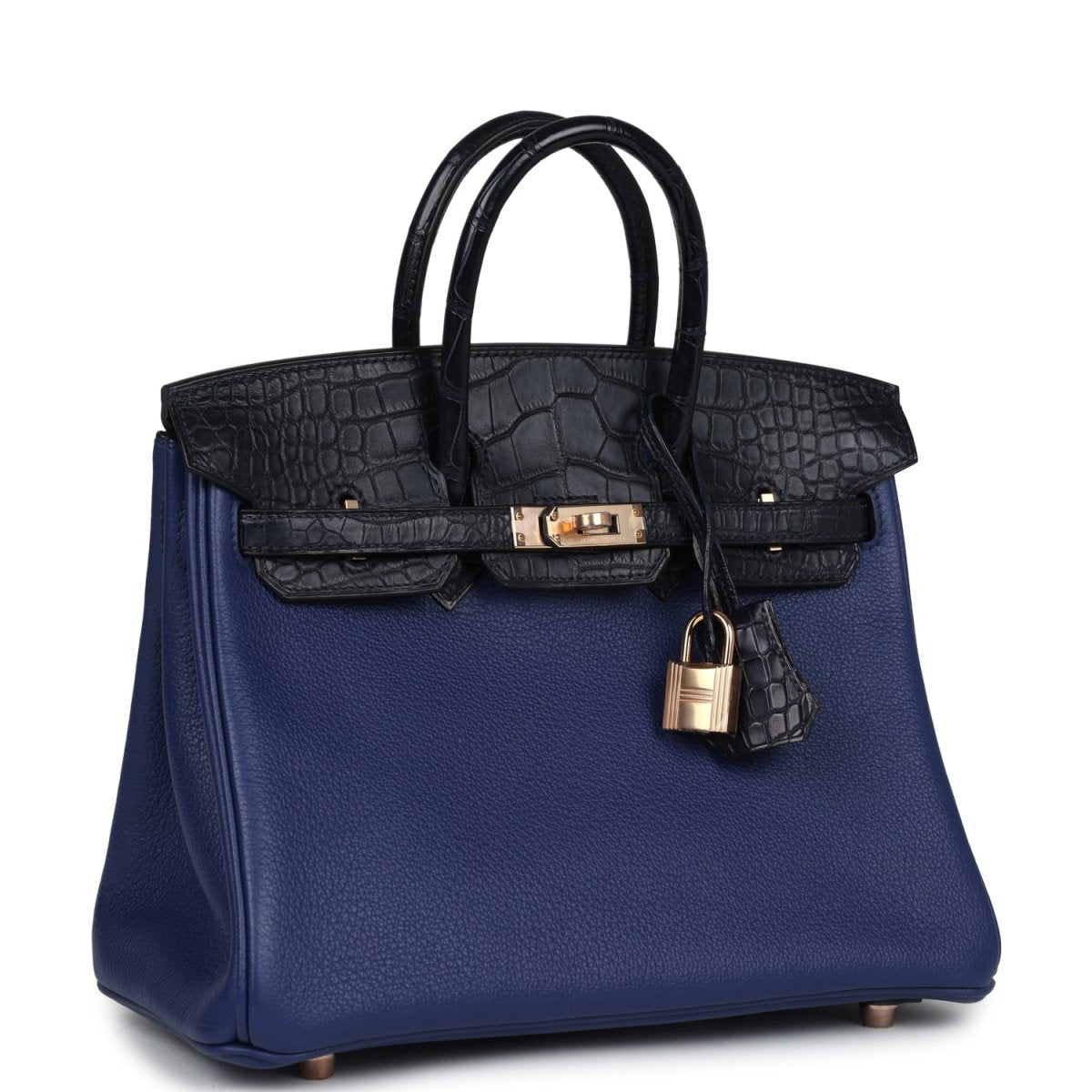 Hermes Birkin 25 handbag in blue with black alligator-style top, gold clasp, handles