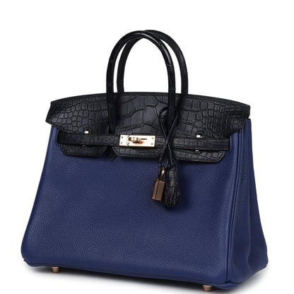 Hermes Birkin 25 handbag in blue with black alligator flap, gold clasp and charm