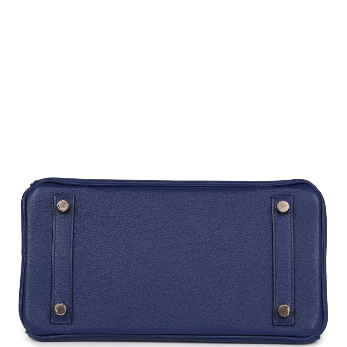 Hermes Birkin 25 handbag base view in blue with silver feet and reinforced corners