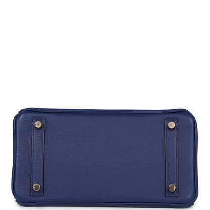 Hermes Birkin 25 handbag base view in blue with silver feet and reinforced corners