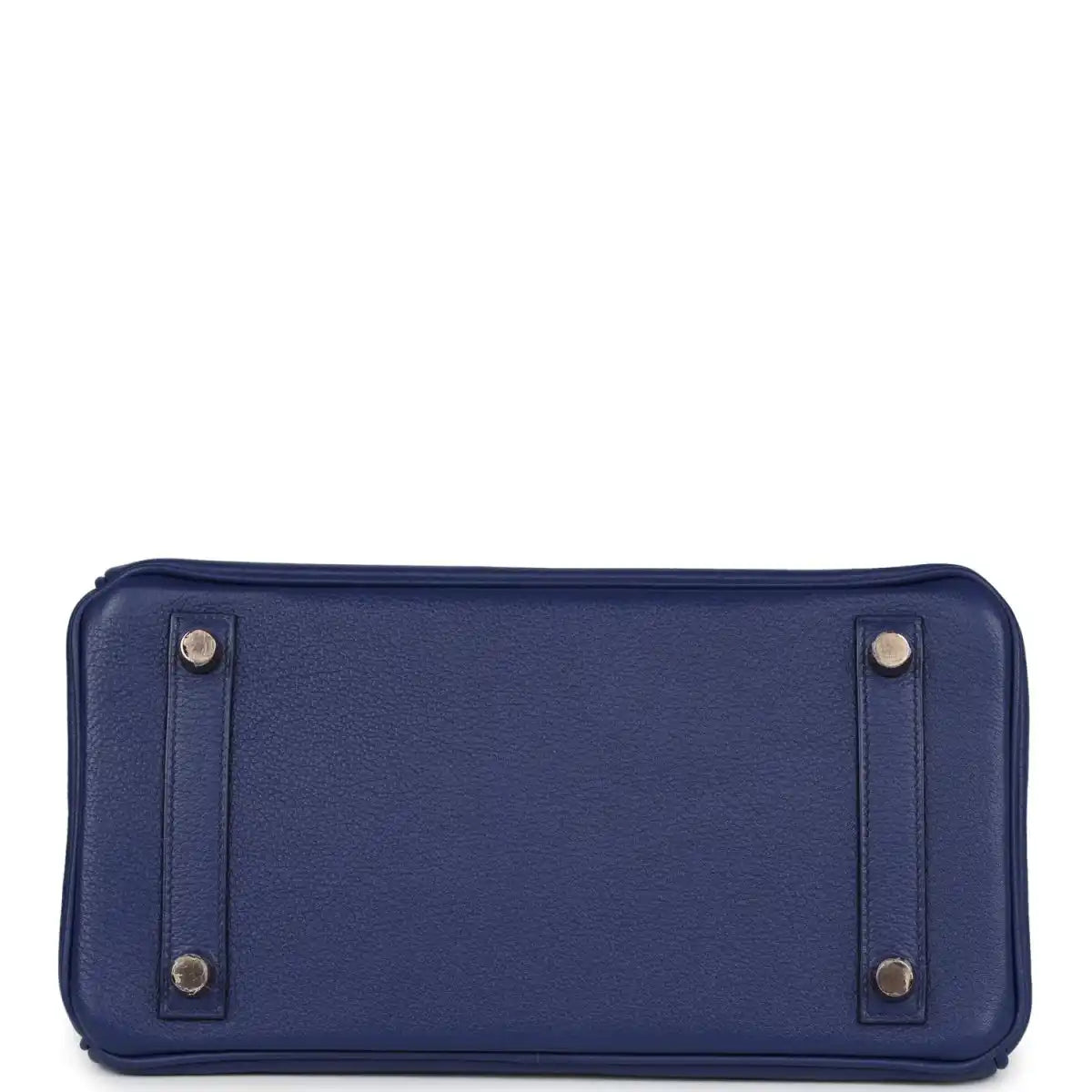 Hermes Birkin 25 handbag base view in blue with silver feet and reinforced corners