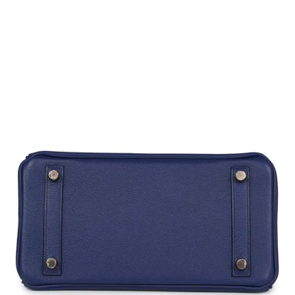 Hermes Birkin 25 handbag base view in blue with silver feet and reinforced corners