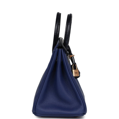 Hermes Birkin 25 handbag side view in blue with black alligator trim and gold lock
