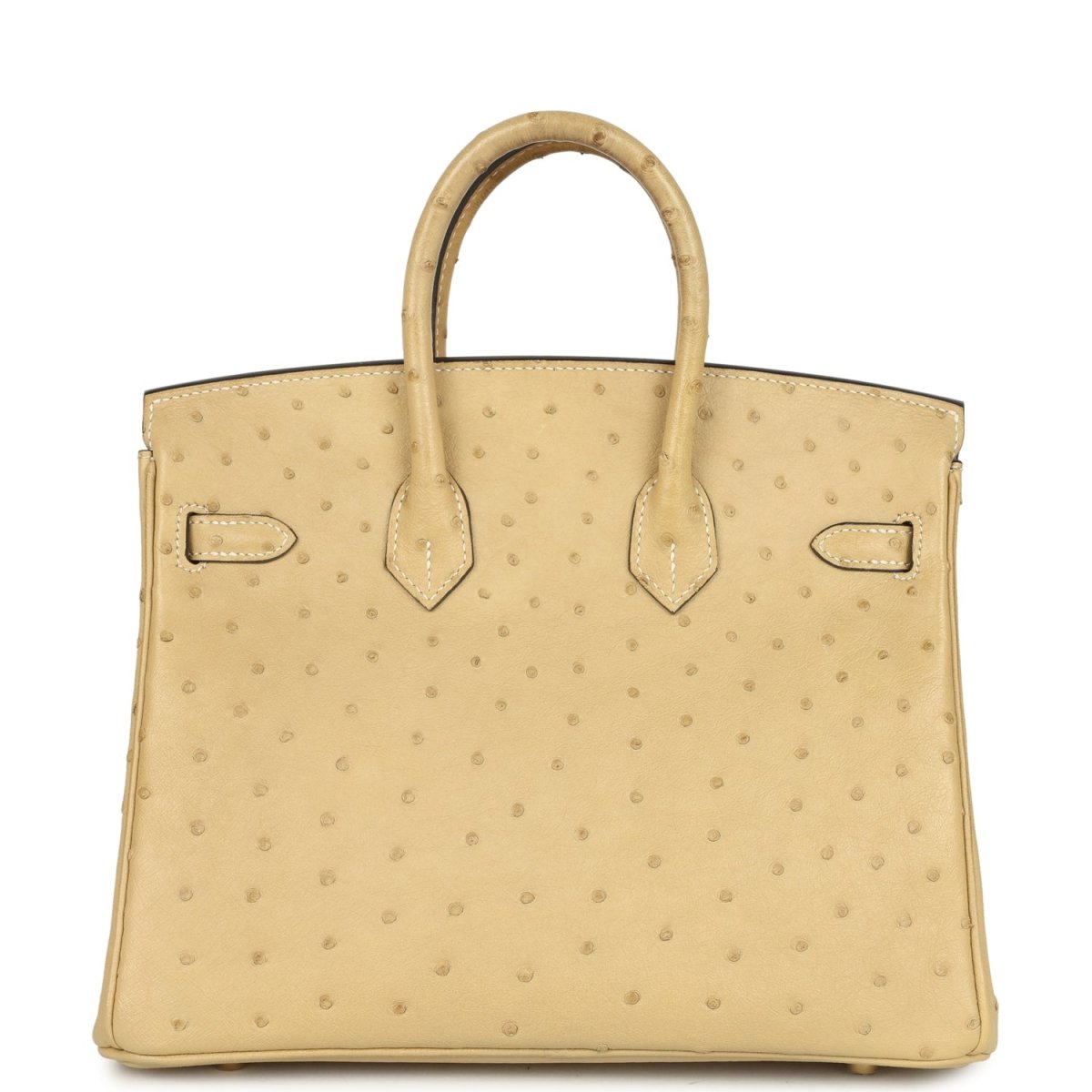 Tan ostrich leather handbag front view with top handle and belt-style strap details.