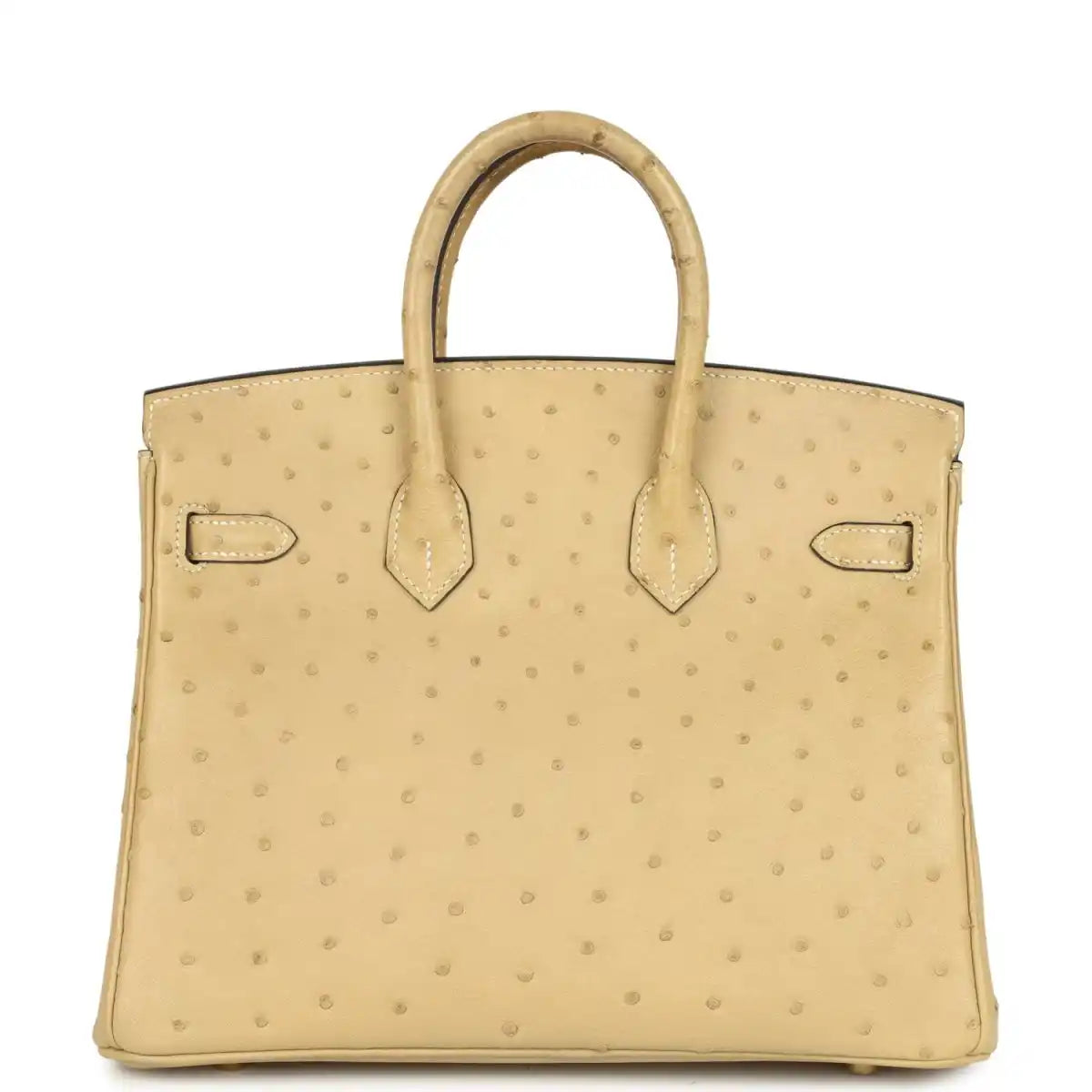 Tan ostrich leather handbag front view with top handle and belt-style strap details.