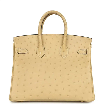 Tan ostrich leather handbag front view with top handle and belt-style strap details.