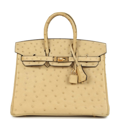 Tan ostrich leather handbag with top handle, front flap, and gold-tone clasp hardware.
