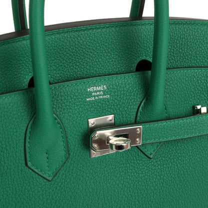 Green Togo leather Birkin 25 handbag interior with stamp panel and clasp hardware